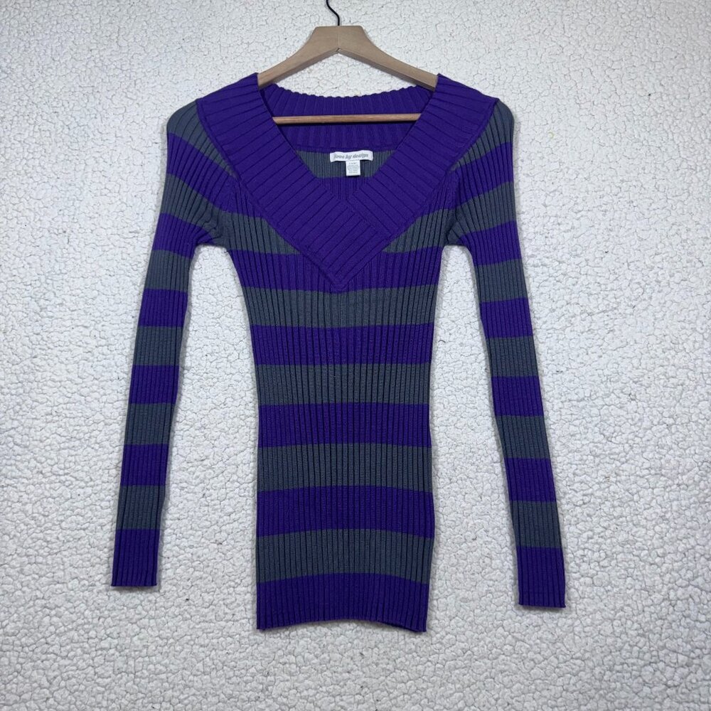Women's Y2K Purple Gray Striped V Neck Stretchy Sweater Size Large Grunge